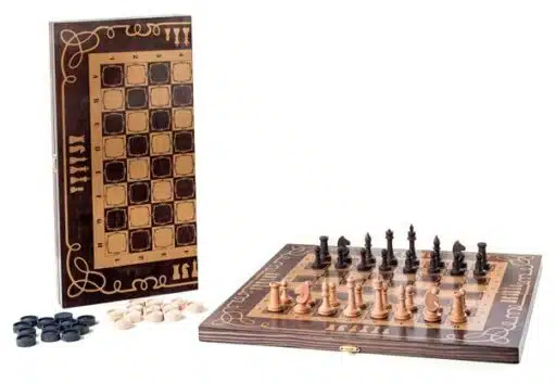 Medinės šachmatų šaškės 2in1 premium versijos medinė skrynia